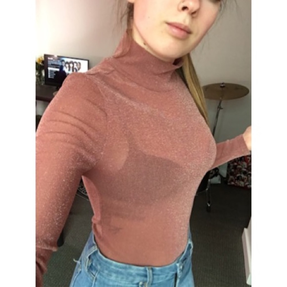 Mauve sparkly mesh turtle neck bodysuit - Picture 2 of 7